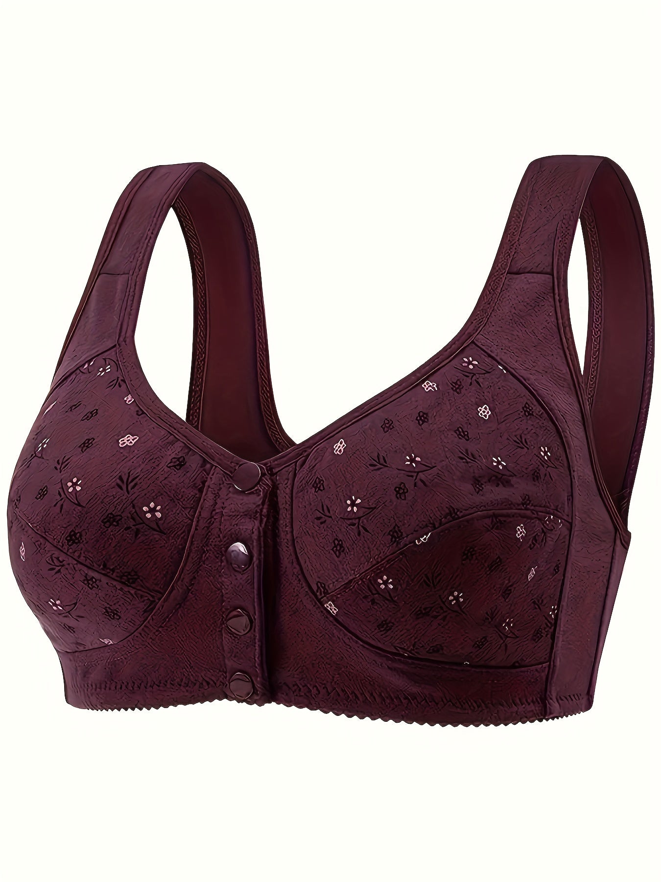 Floral Printed Button-Front Wireless Bra, Comfortable and Breathable Women's Lingerie