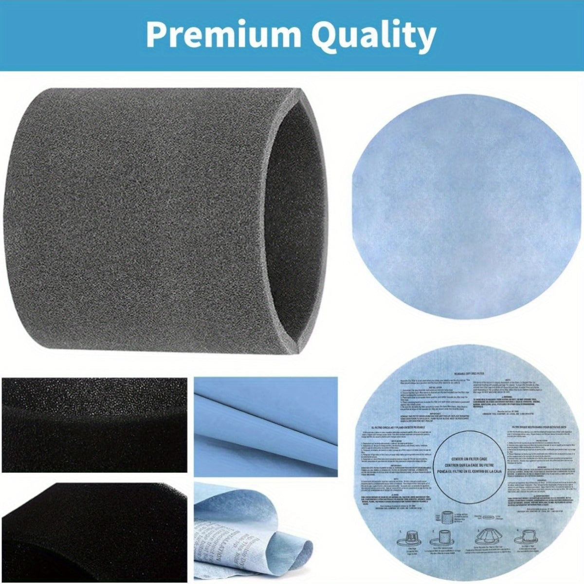 Compatible replacement filters for 18.93 L and Up Shop Vac wet/dry vacuum cleaners, including an 8-pack of dry paper filters and a 4-pack of foam sleeve filters with retaining bands.