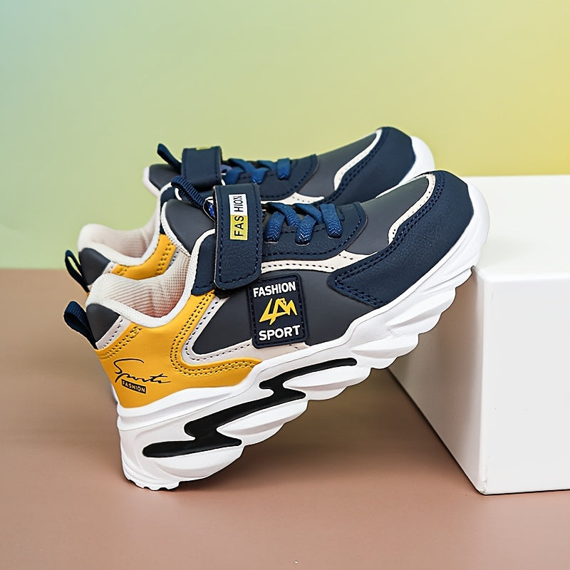 Boys' navy blue and turquoise sneakers with hook-and-loop closure, ideal for school, sports, and casual wear.