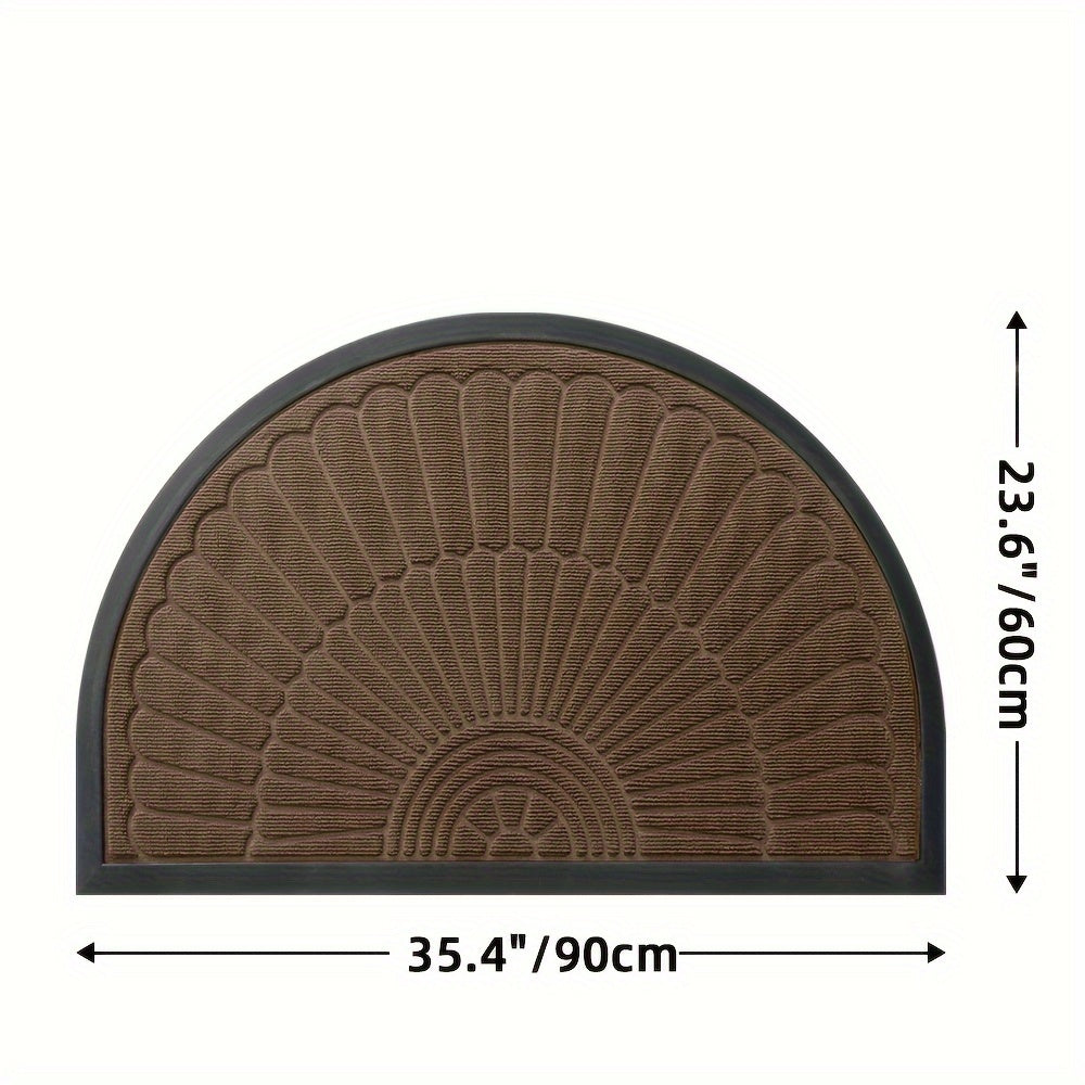 Half circle doormat made of polyester material. Can be used indoors or outdoors. Hand wash only. Ideal for entryway, balcony, patio, garage, and office. Dust-proof and anti-slip.