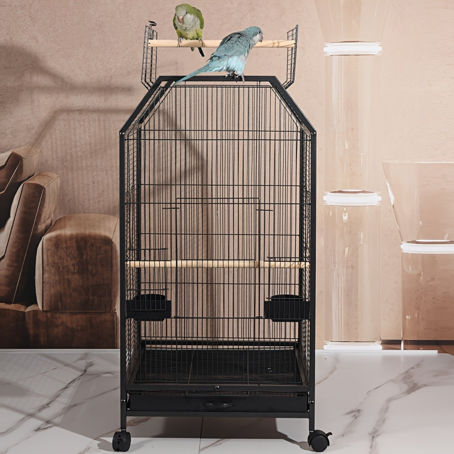 Metal bird cage for small to medium parrots, ideal for home and pet use, includes perch, feeder, water cup, and window.