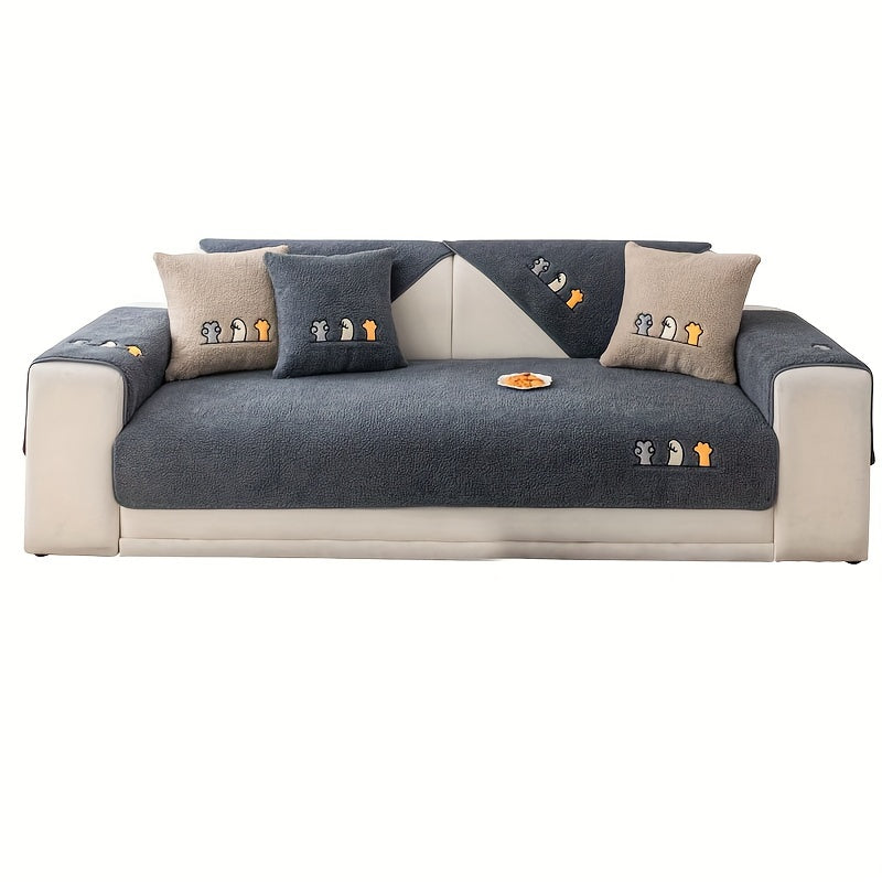 Plush Shearling Sofa Cover with Animal Embroidery - Pet-Friendly, Non-Slip Protector for All Sofa Sizes - Soft Decor for Living Room, Bedroom, Office.