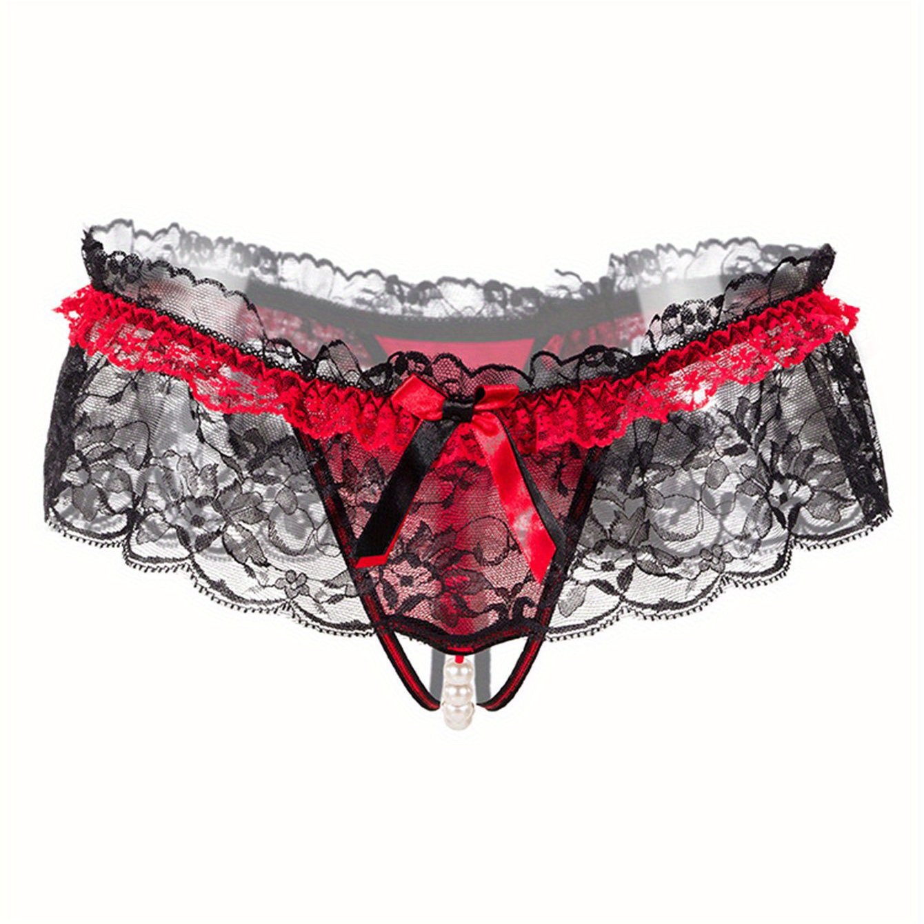 Women's sexy lingerie including floral lace mesh thongs and bow tie open crotch faux pearl panties.