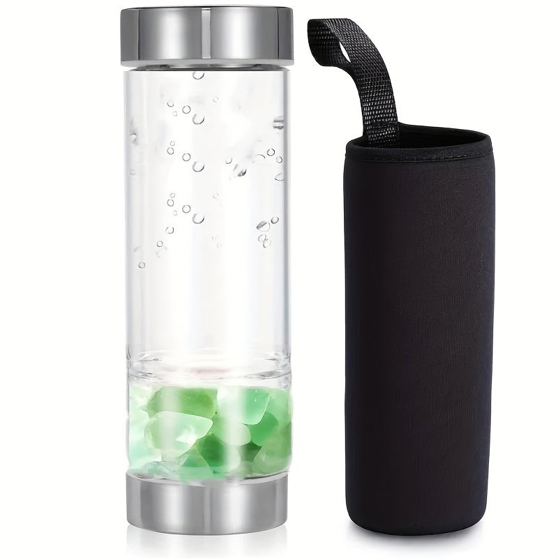 Water bottle with glass construction, removable amethyst, and protective cover included.