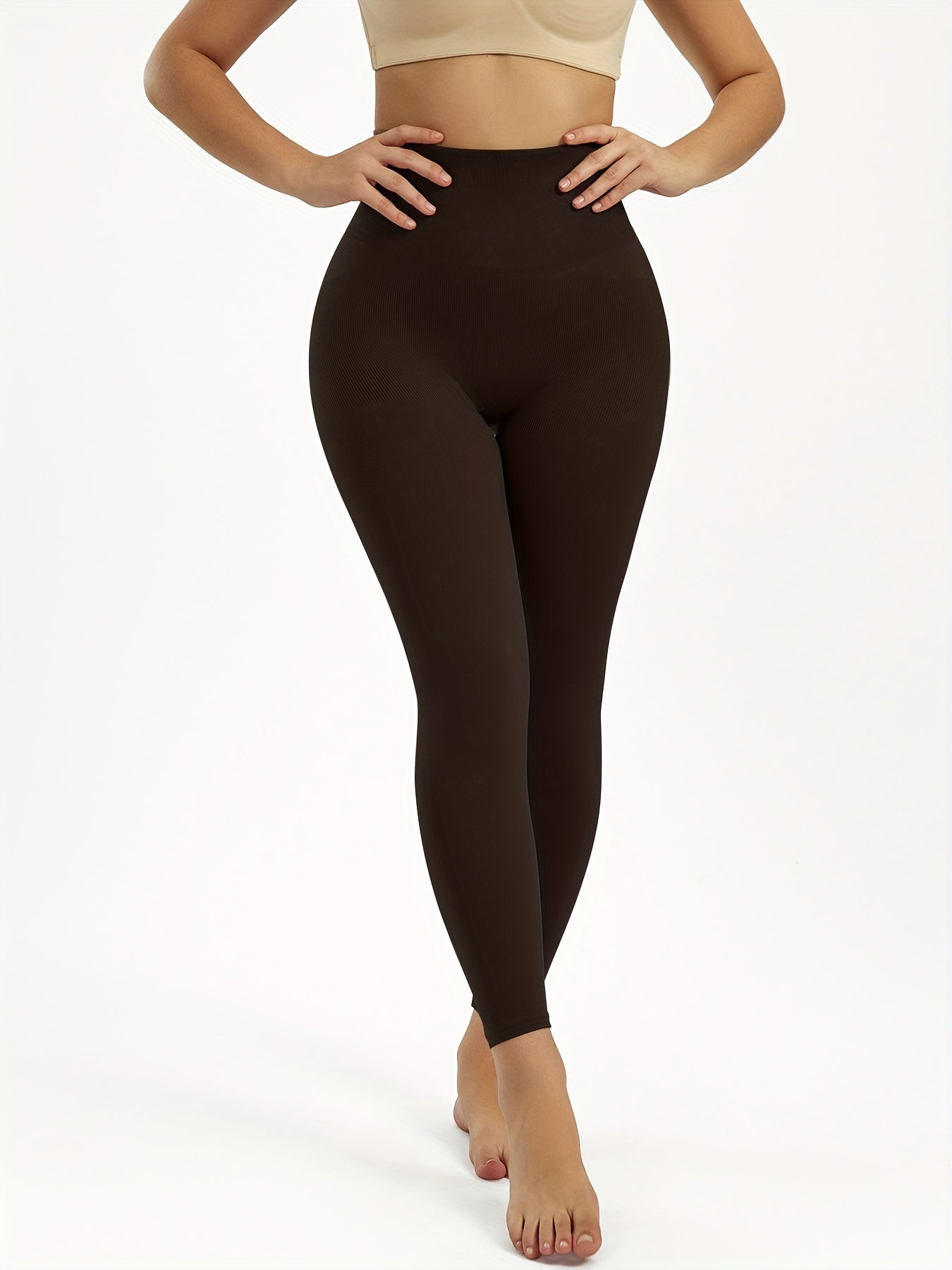 High waist shaping leggings for women, offering tummy control and butt lifting. Ideal for running, yoga, and casual wear. Brown seamless design is comfortable and breathable.