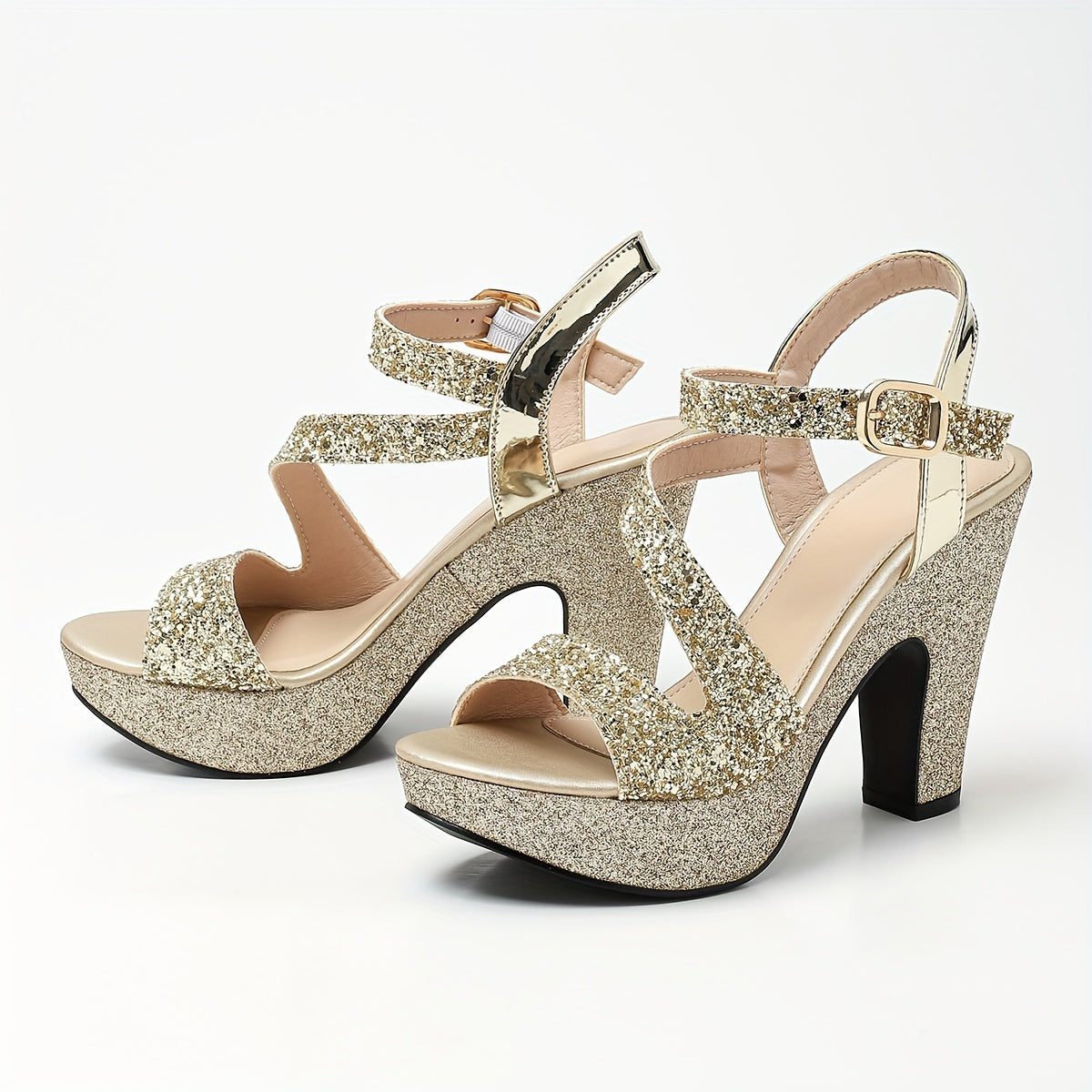 Stylish women's summer shoes with thick golden pink heels, round toe, and hollow design.