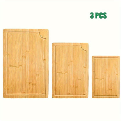 A collection of kitchen cutting boards made from high-quality wood, including bamboo. This set includes three cutting boards with juice grooves, perfect for preparing meats, fruits, and vegetables. Also included are serving boards with easy-to-grip