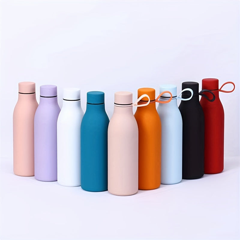 Stainless steel vacuum insulated water bottle with carrying handle, leak-proof design, and 500ml capacity, perfect for outdoor activities and gifts.