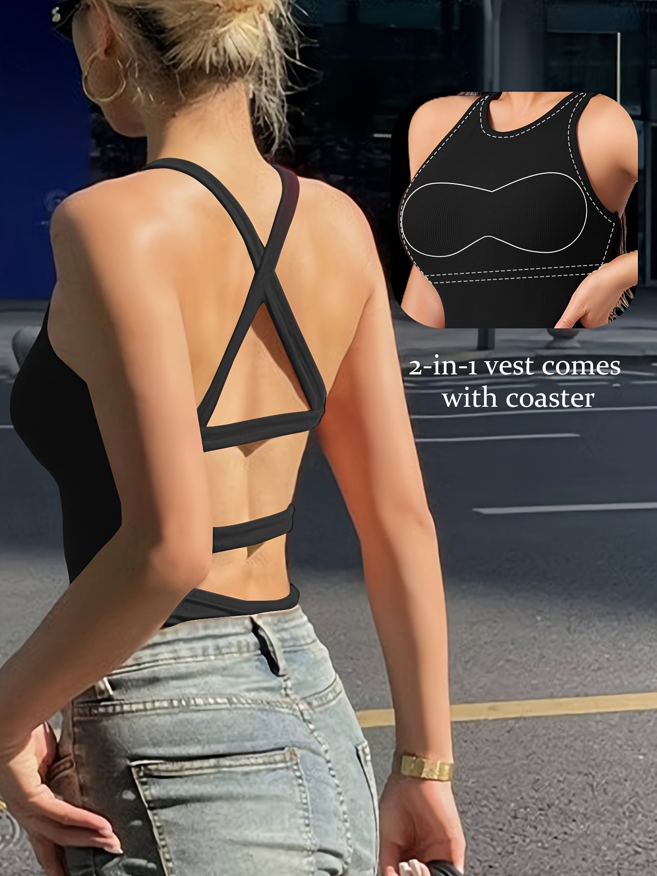 Solid round neck tank top with cut-out back and padding, suitable for all occasions.