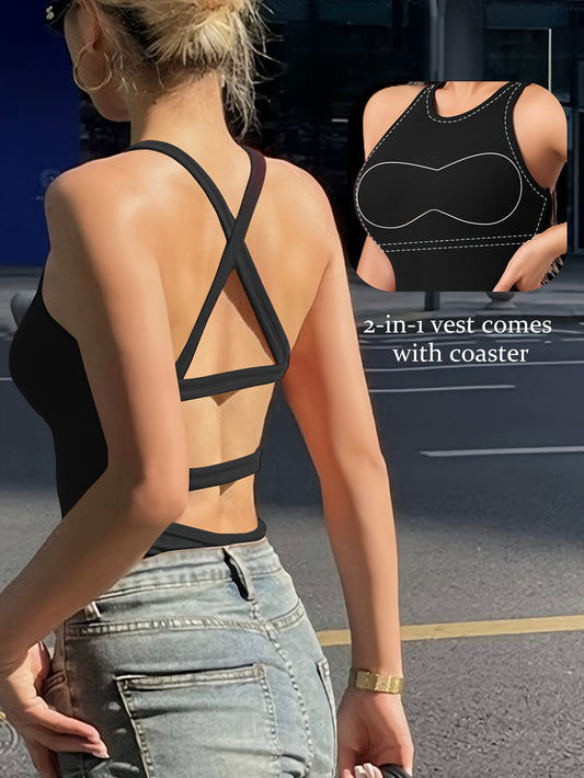 Solid round neck tank top with cut-out back and padding, suitable for all occasions.