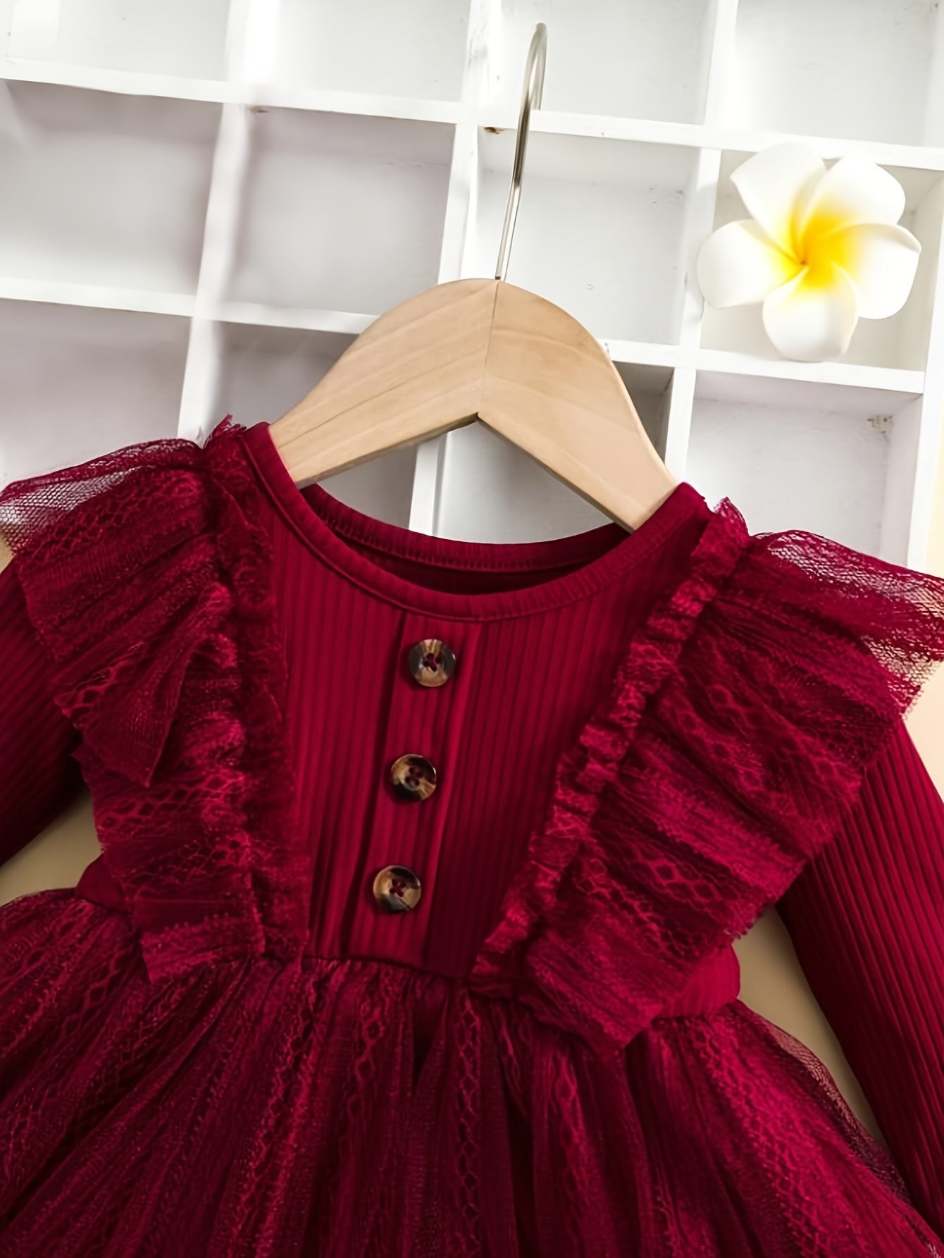 Stylish girl's dress with ruffle trim & mesh detail, ideal for Spring/Fall. Made from stretchy polyester blend.