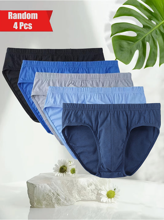 Men's 4-pack seamless cotton briefs in solid colors, made from comfortable stretch knit fabric for casual daily wear. Available in multiple sizes.