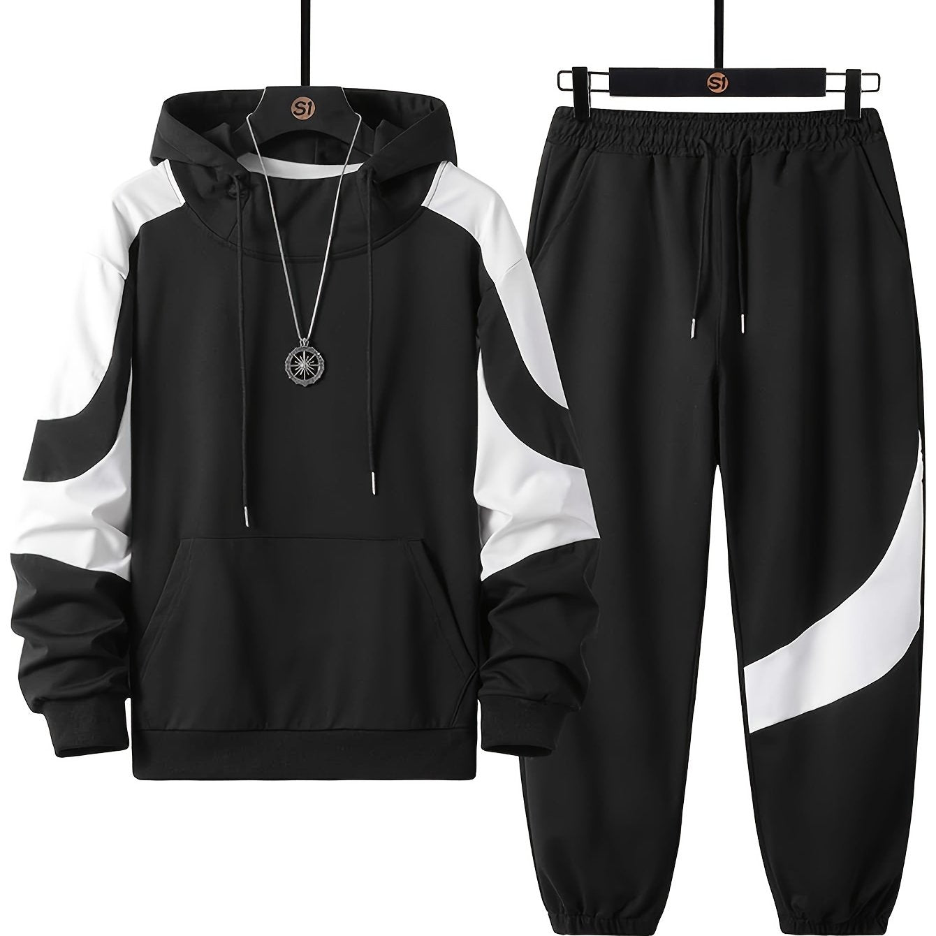 Colorful patterned hooded sweatshirt and sweatpants set for plus size men's autumn/winter clothing