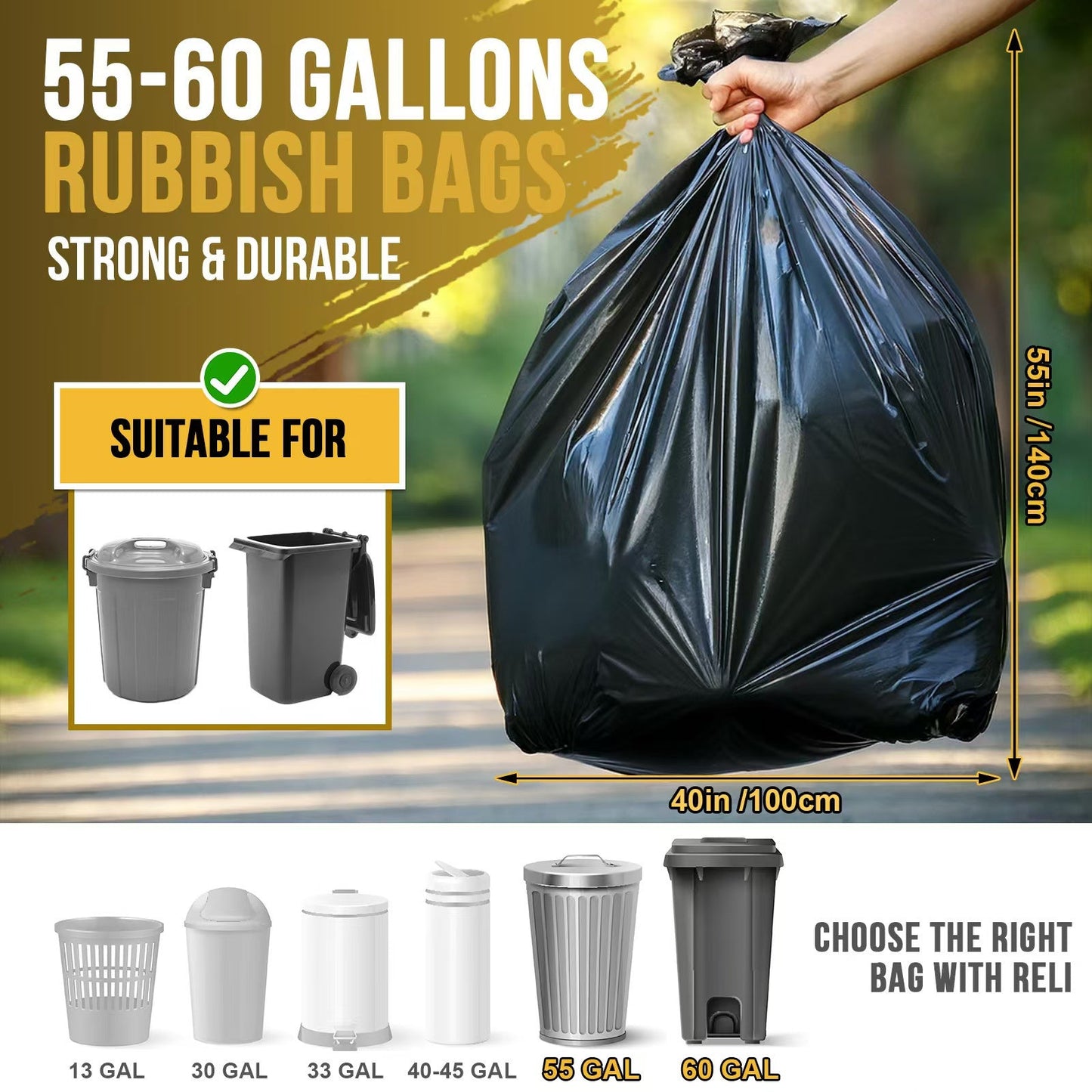 Heavy Duty Trash Bags, 208.2-227.12 Liters, Tear Resistant, High Quality, 50/100/150pcs Black Trash Bags, Perfect for Gardening, Outdoor Activities, Residential and Commercial Use, Camping