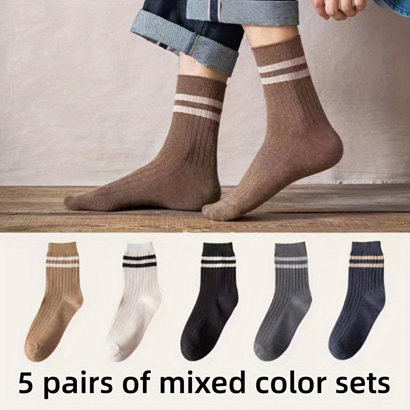 5 pairs of men's long tube casual socks for all seasons, moisture-wicking, breathable sports socks, sweat-resistant.