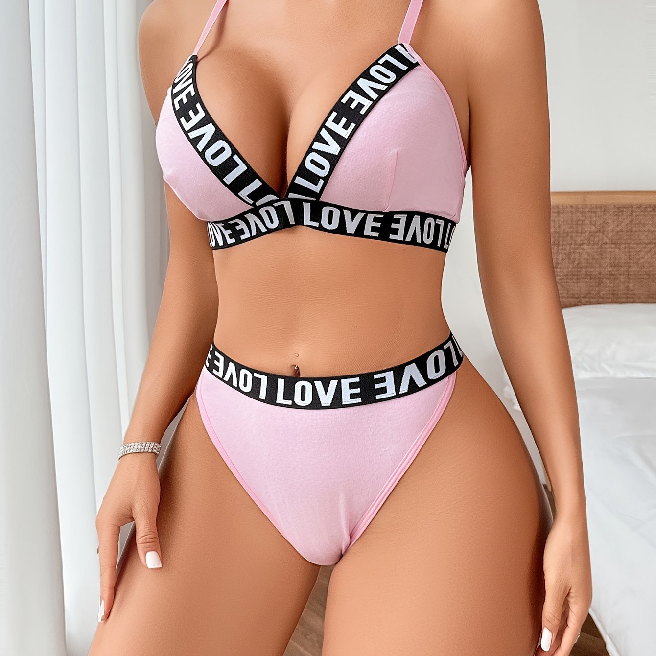 Compare printed letter bra and panties with soft strap lingerie set for women.