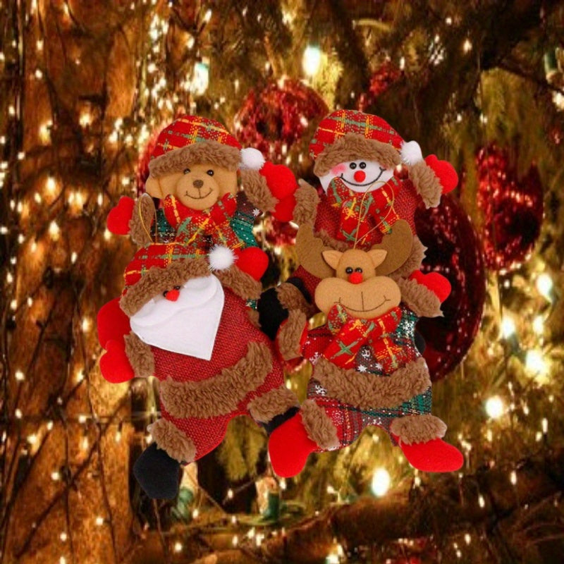 Set of 4 Christmas Plush Toy Ornaments: Santa, Snowman, Reindeer, and Bear. Made from polyester and suitable for hanging decorations. Power-free and suitable for ages 14+. Perfect for holiday, Thanksgiving, and New Year celebrations at home or in the