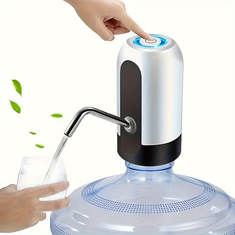 USB rechargeable water pump with LED indicator for 11.36-18.93 L bottles. Perfect for camping and home use. High-quality solution for drinking water on-the-go. Mini dispenser.