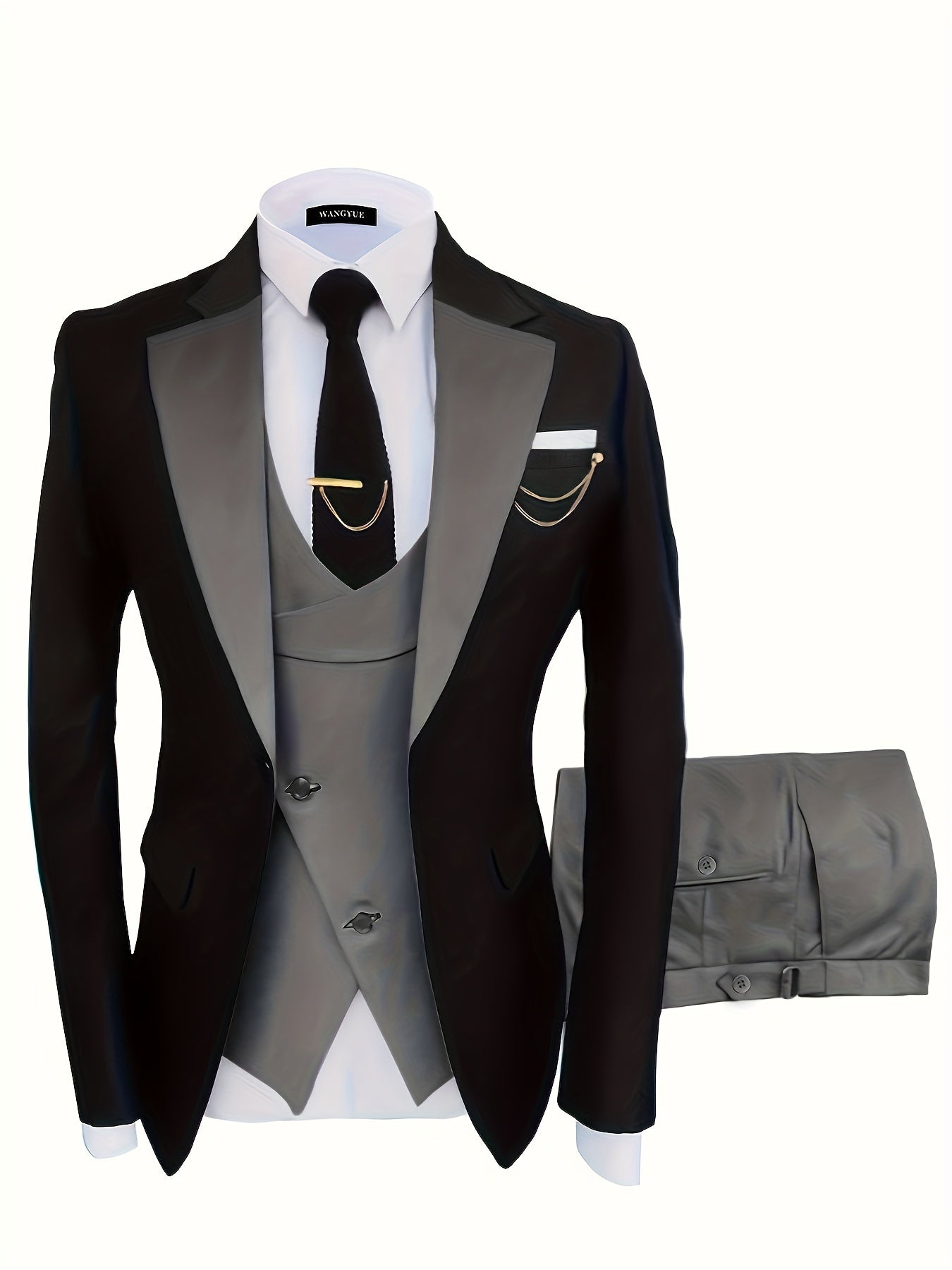 Men's formal 3-piece set for business dinner or wedding party, including one-button suit jacket, vest, and pants.