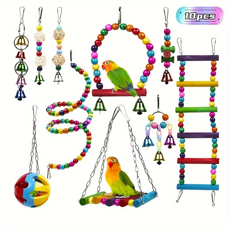 Bird toy set with swing, climbing ladder, stairs, colorful bells, and chew toys for small and medium parrots to relieve boredom and provide educational training. Available in sets of 3, 5