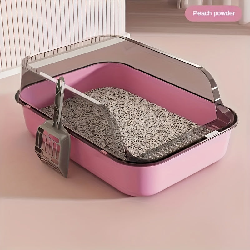 Three-piece high-quality plastic cat litter box with shovel, easy for cats to enter and exit, square high edge design for easy cleaning.