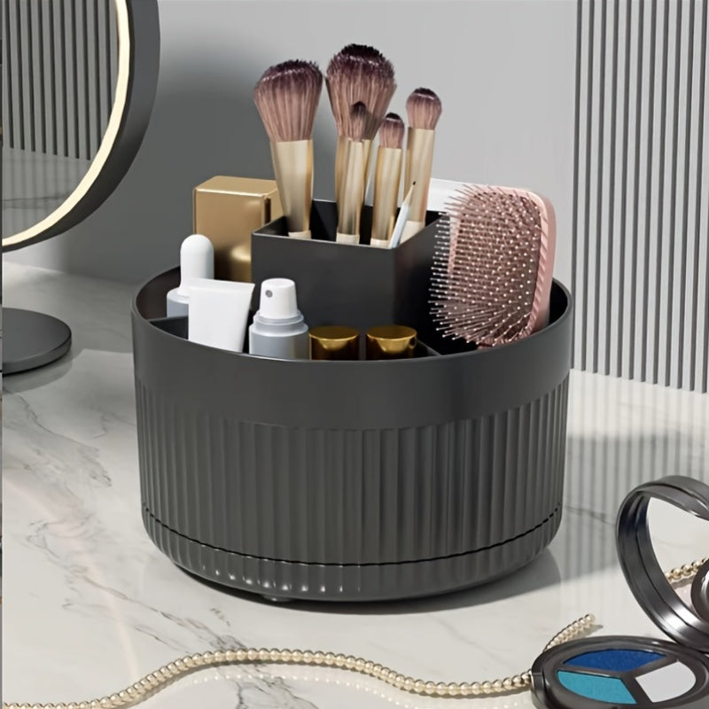 Rotating makeup organizer with 5 compartments, luxurious stripe design, durable plastic, multi-functional for cosmetics and stationery, portable and cordless.