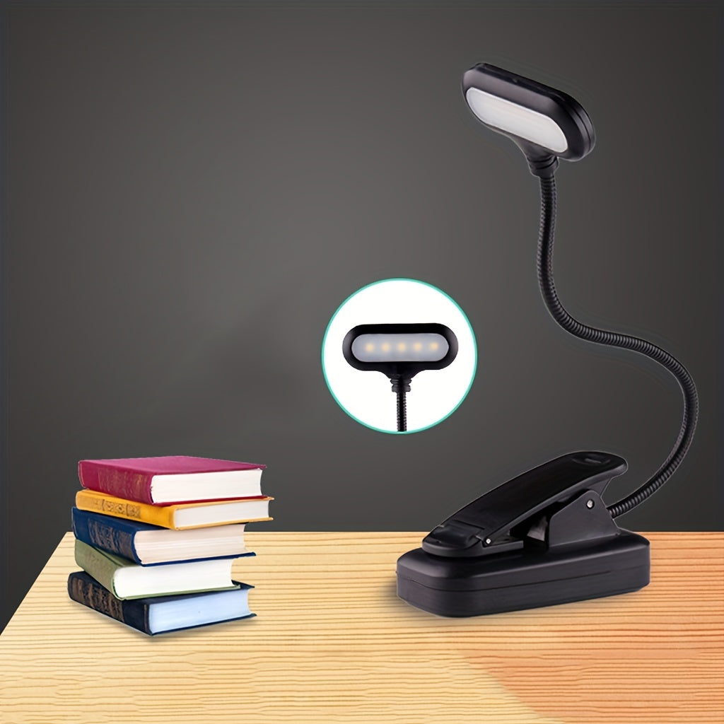 1 portable clip reading lamp with adjustable arm for night reading, desk or desktop use. Battery operated for reading at home.