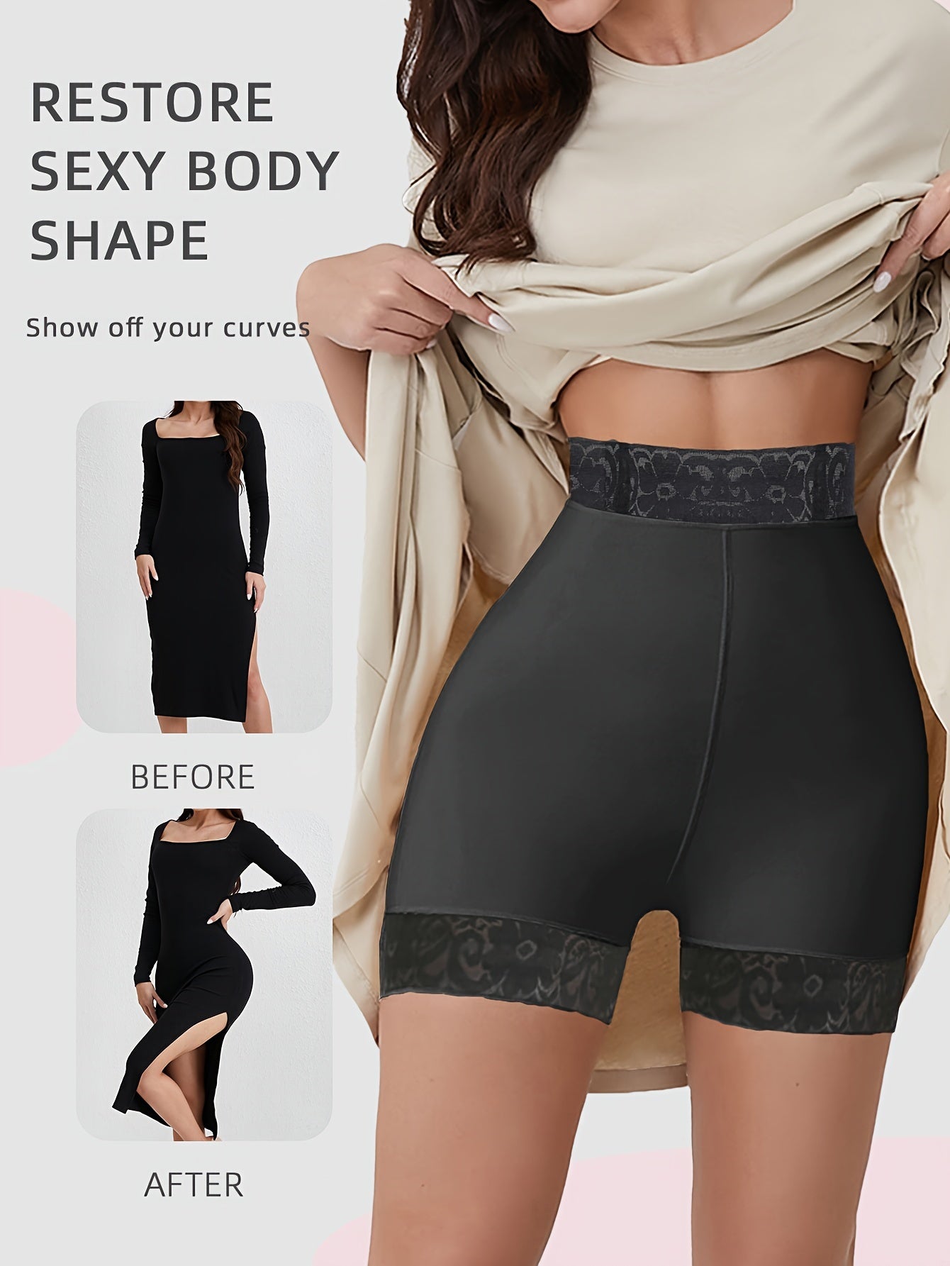 High waist lace trim shaping shorts for women - seamless tummy control underwear & shapewear.