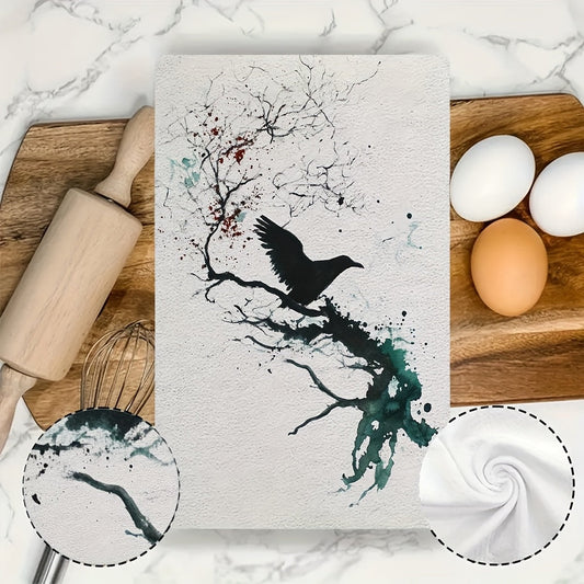 Set of 2 Ultra Soft Kitchen Towels featuring "Crow Calling from Treetop" Design, Exceptionally Absorbent & Easy to Clean Dish Hand Towels, Modern Watercolor Style, 40.64x60.96 cm perfect for Holiday Decor, Kitchen Dish Towels