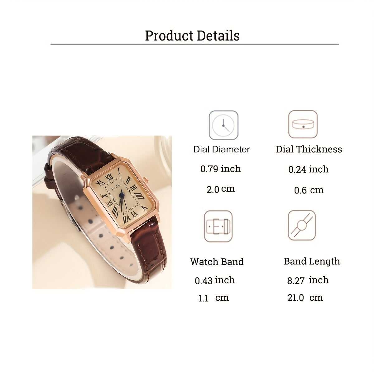 Women's Retro PU Leather Quartz Watch with Rectangle Pointer and Rome Fashion Analog Style