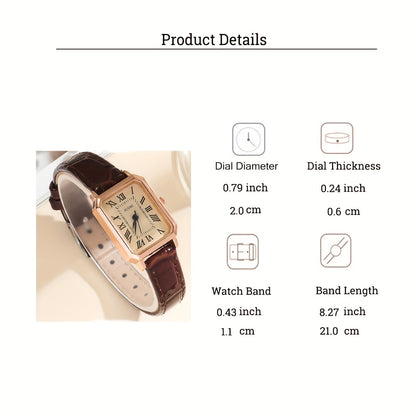 Women's Retro PU Leather Quartz Watch with Rectangle Pointer and Rome Fashion Analog Style