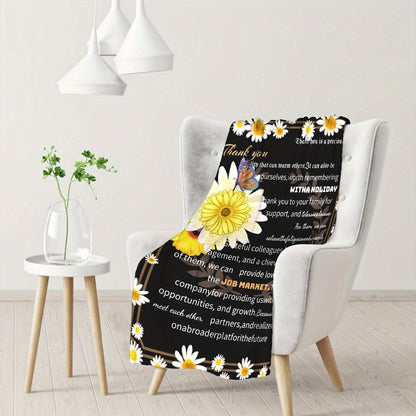 Stylish Knitted Polyester Throw Blanket Featuring Thank You Message for Friends and Colleagues, Perfect Gift for All Seasons, Adorned with Floral and Butterfly Details.