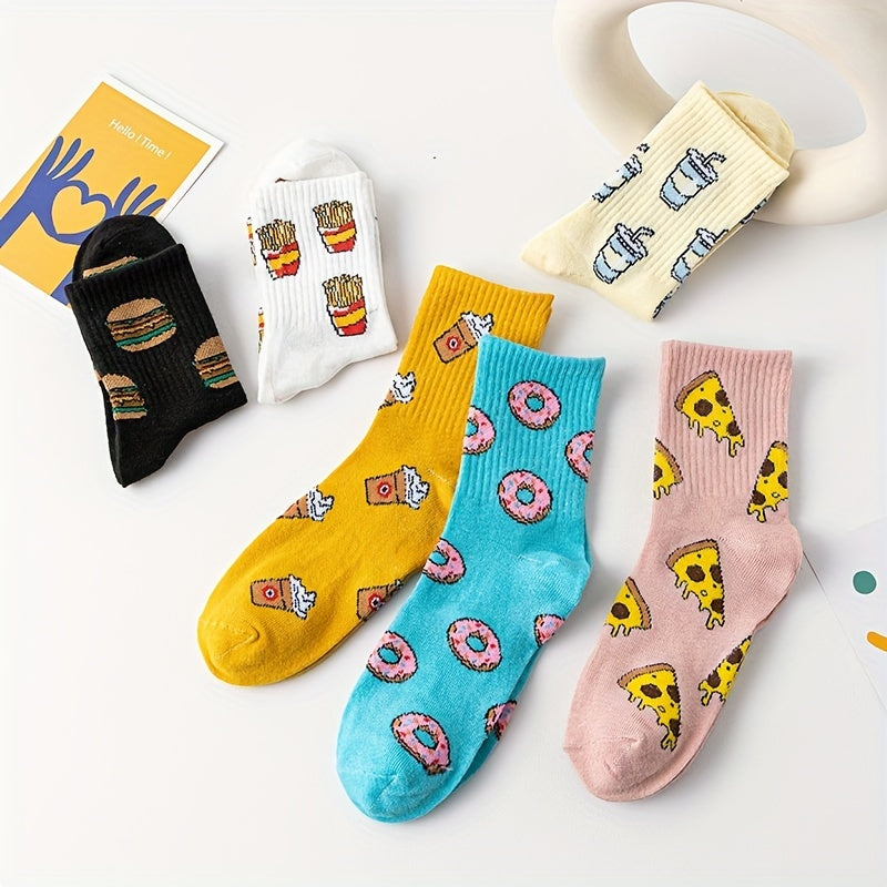 Cute and funny cartoon food print socks for women, 6 pairs in mid-tube style.