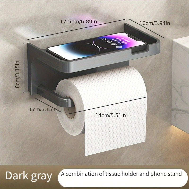 Wall-mounted toilet paper holder with phone stand, no drilling required. Organizes bathroom essentials with polished finish.