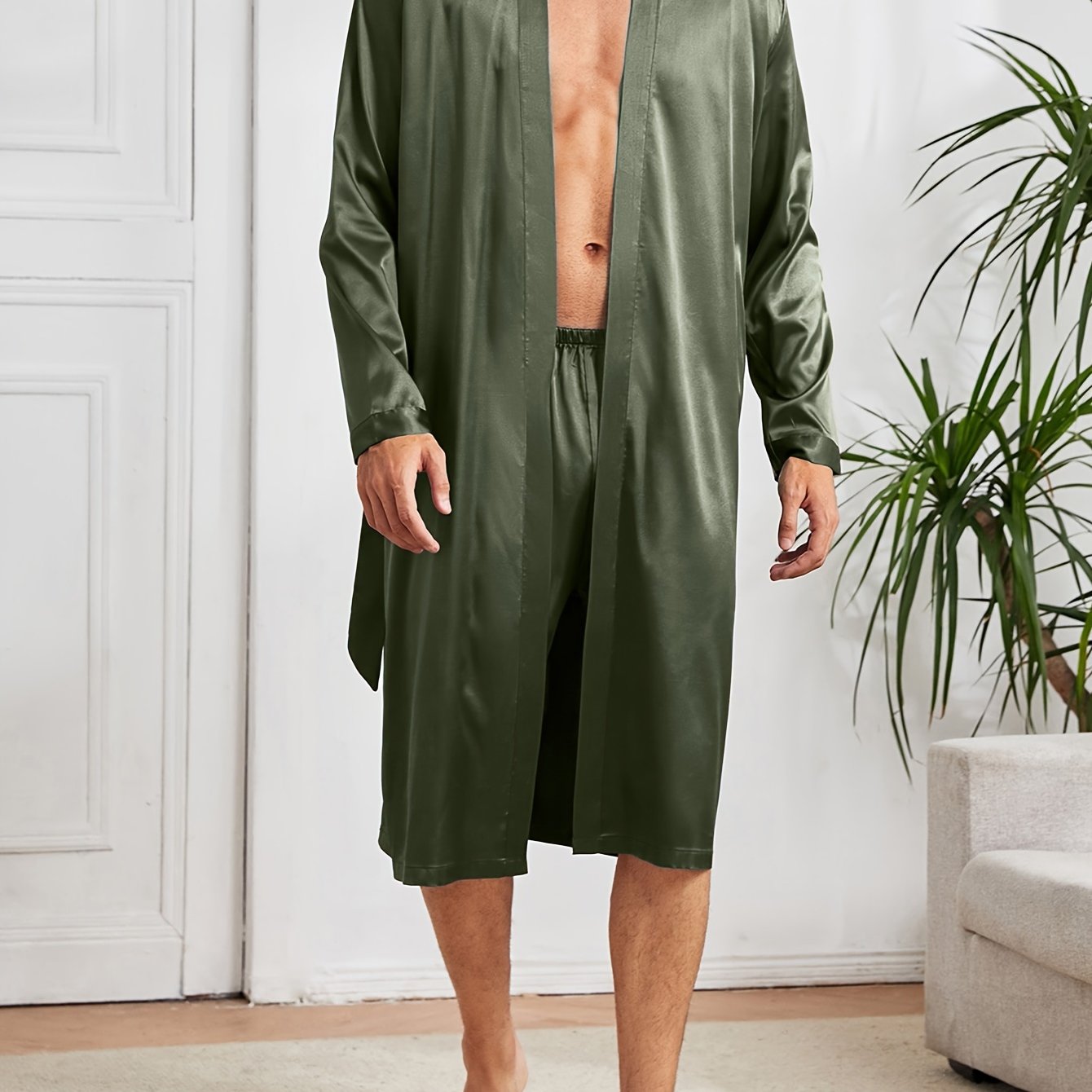 Men's simple style casual pajama sets, comfy solid robe, lace-up robe, and loose shorts home pajama sets.