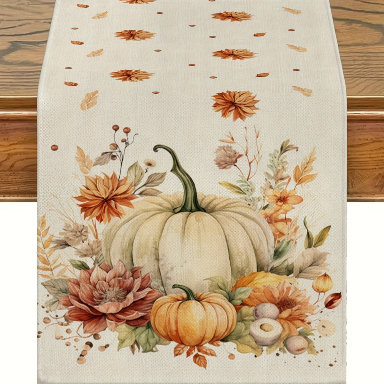 1 piece of Autumn Harvest Festival Linen Table Runner, 33.02cm x 182.88cm, Thanksgiving and Fall Season Decor, Pumpkin Design, Knit Fabric made of 100% Polyester. Ideal for Indoor and Outdoor Parties.