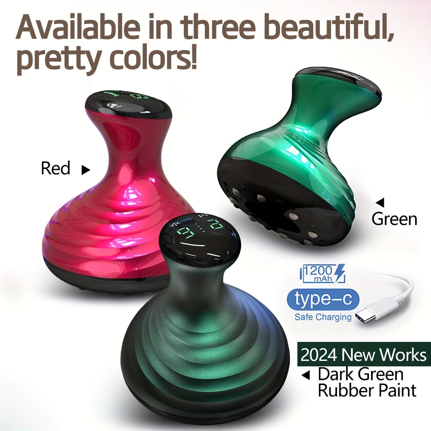 Rechargeable Electric Cupping Massager with Heat, Vacuum Suction, and USB Charging, available in Pink, Teal, and Dark Green colors.