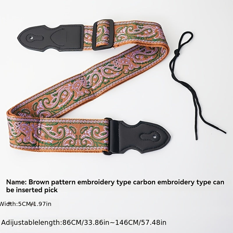 Wide thick embroidered guitar strap suitable for acoustic and electric bass guitars, featuring trendy street style in mixed colors and fabric material.