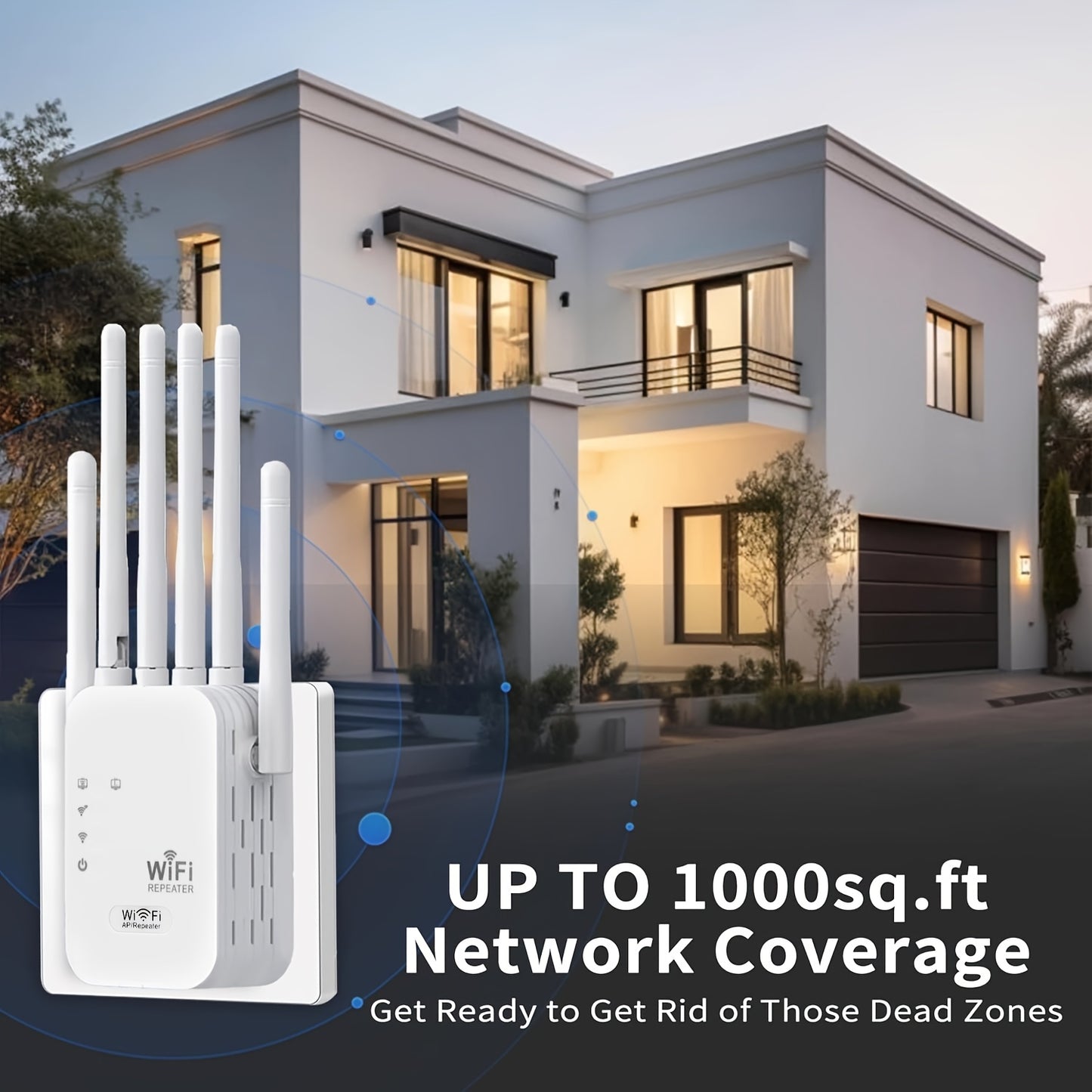 European Standard 1200Mbps Wifi Range Extender with dual-band signal, 6 antennas for full coverage, plug-in design, Ethernet port, and long-distance reception.