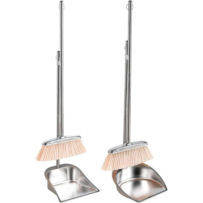 Two-piece Set of Stainless Steel Dustpan and Broom with Long Handle, Heavy-duty Upright Sweeping Brush with Hanging Ring, Ideal for Indoor Home Cleaning