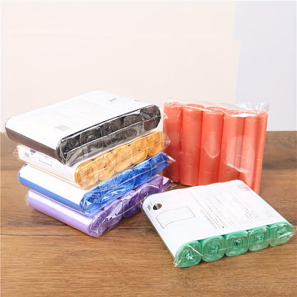 5 Rolls of 100 random color plastic garbage bags, suitable for home use. Kitchen and bathroom disposable garbage bags with a point cut style colored flat mouth.