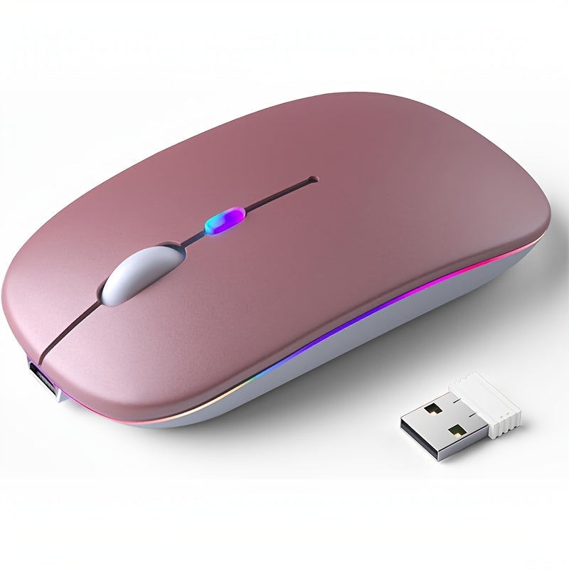 Slim wireless mouse with 2.4G+BT technology, USB receiver, and anti-slip scroll wheel, suitable for laptops and computers.