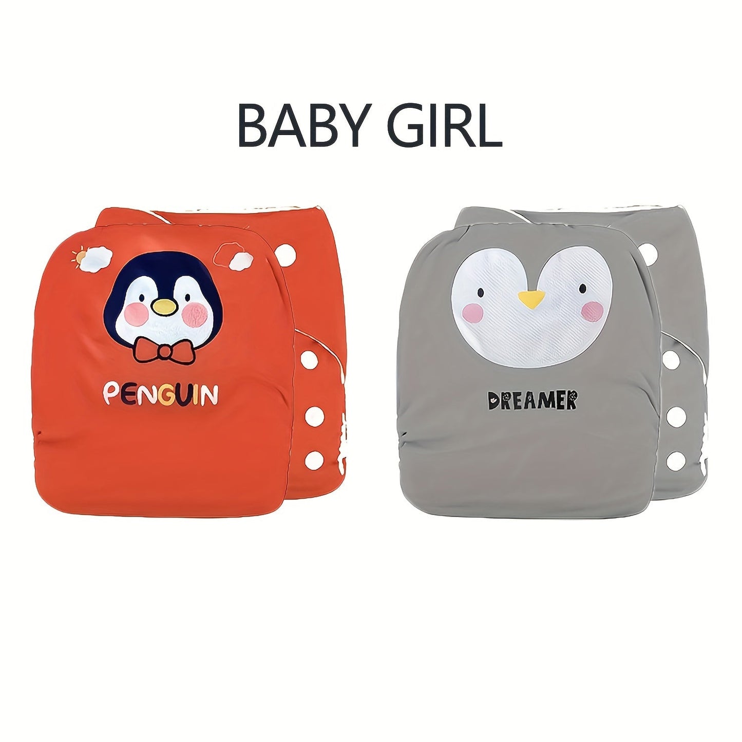 Reusable training pants for babies and toddlers aged 0-3 years come in a 2-pack set. These polyester cloth diapers feature adjustable snaps and are the ideal holiday gift. Choose from unisex designs including Penguin, Tiger, Prince, and Dreamer.