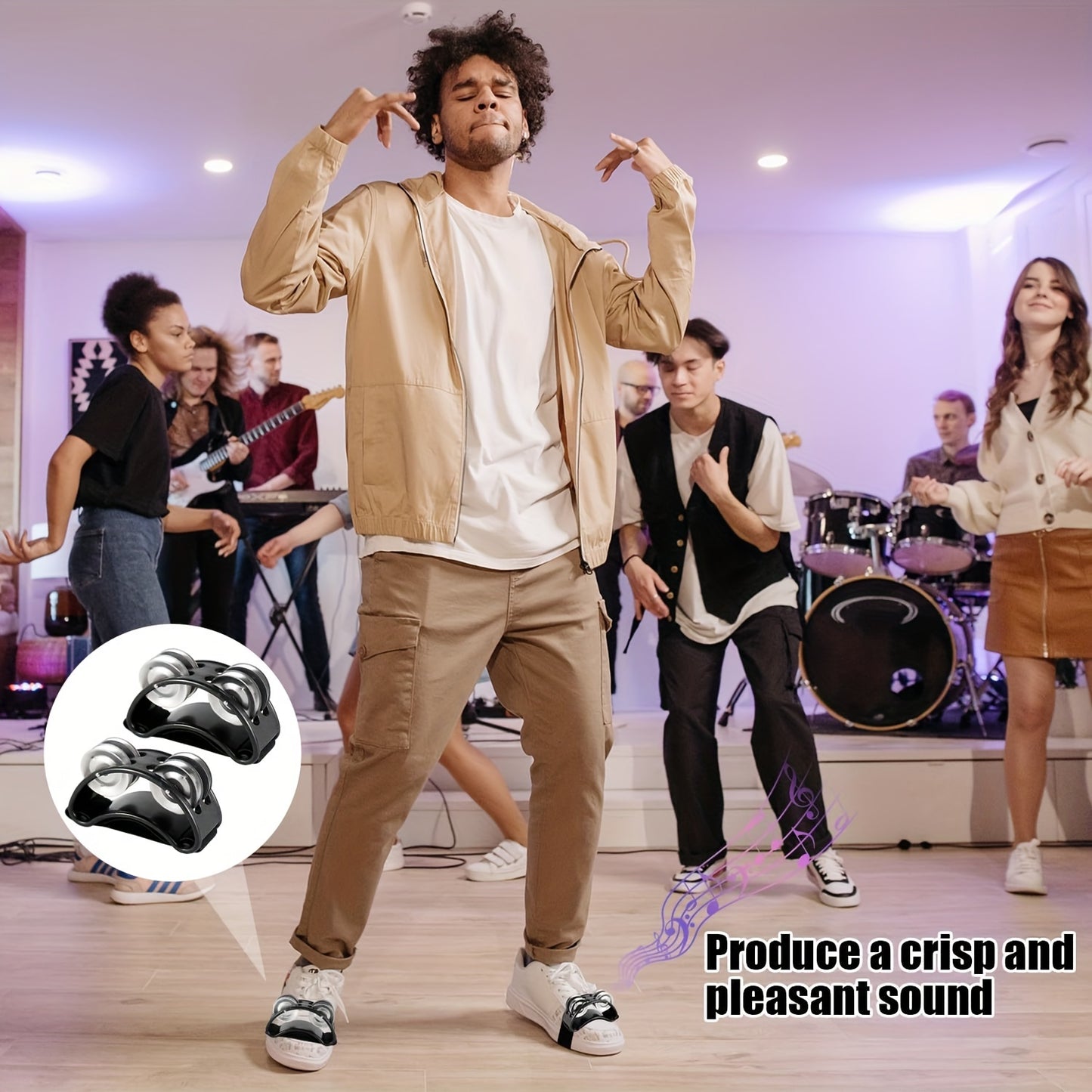 Footset Tambourine percussion, instrument with steel bell tones for drum and guitar performance, percussion pedal, adult foot shaker with elastic band.