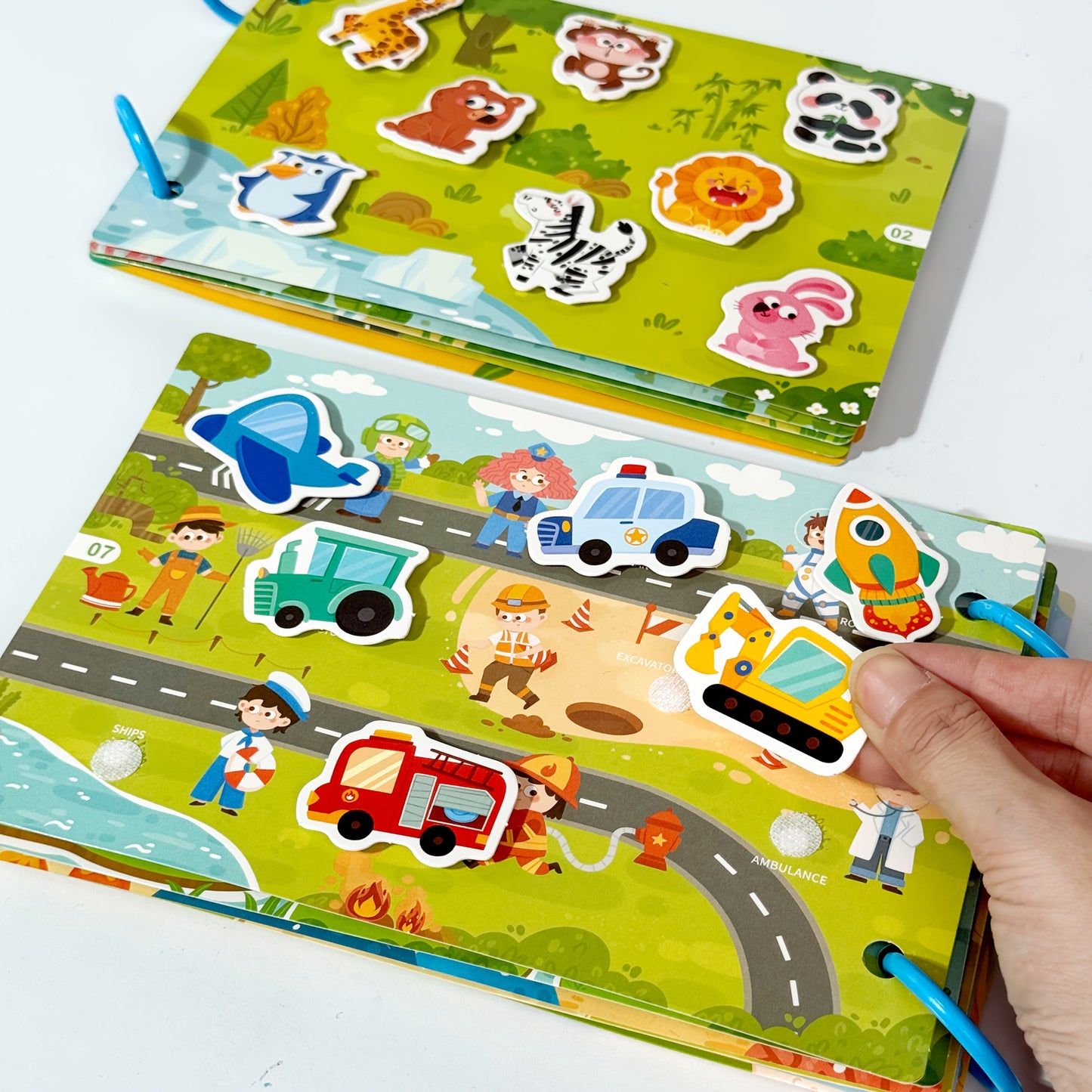 Reusable sticker book with quiet activities focusing on dinosaurs, fruits, animals, oceans, and transportation to improve cognitive, logical, and sensory skills through hands-on DIY tasks.