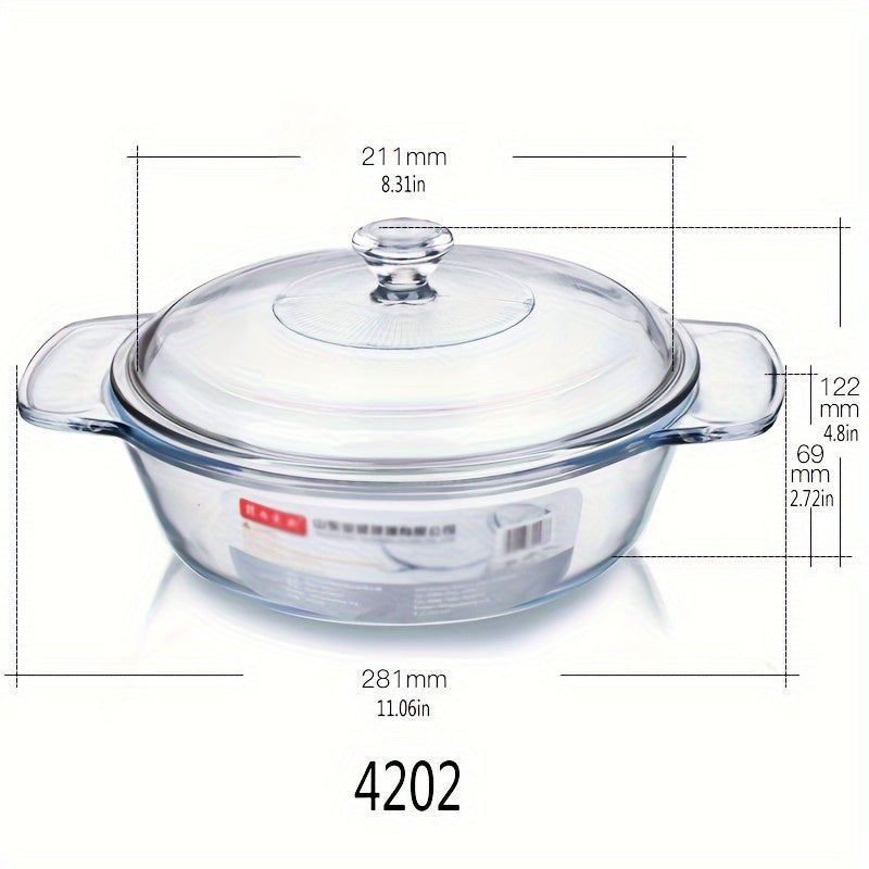 Glass casserole dish with lid designed for oven and microwave use. Dimensions: 28.09cm diameter, 21.11cm depth, with 11.0cm handles. Perfect for baking and cooking.