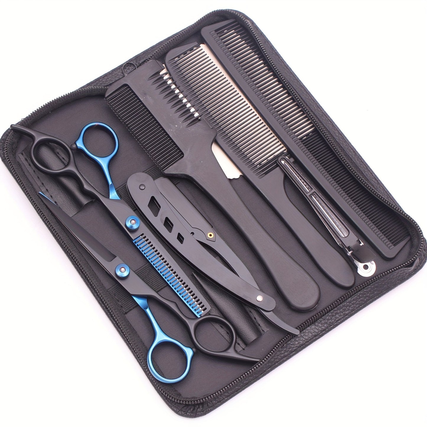 6-inch hair cutting scissors set with a variety of styling tools including thinning scissors, shaver comb, double-sided comb, and apple comb.