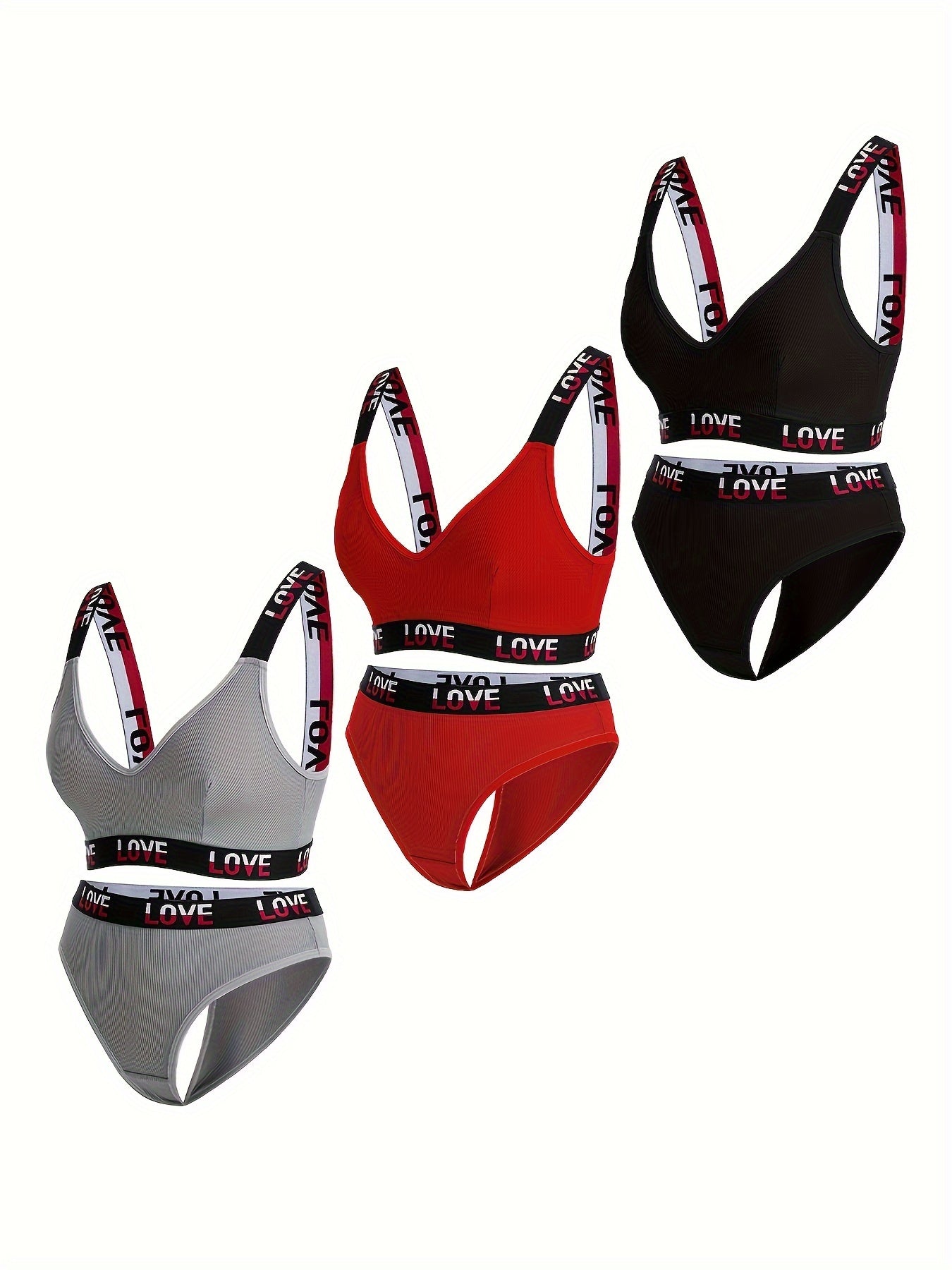 Set of 3 letter print wireless bras and panties, ribbed lingerie with elastic panties for women.