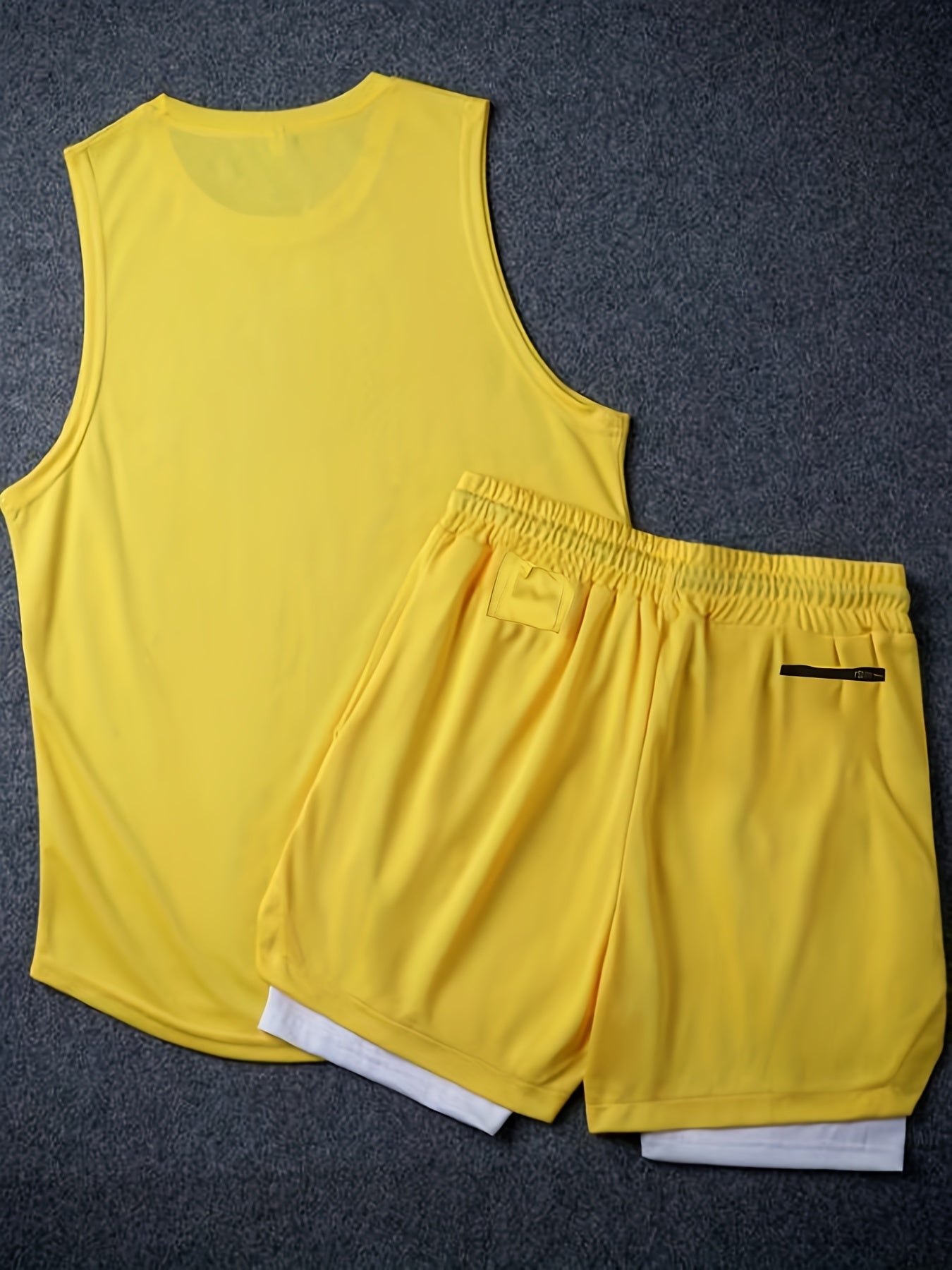 Men's 2-piece basketball outfits with letter print, casual graphic tank top and loose drawstring 2-in-1 shorts set.