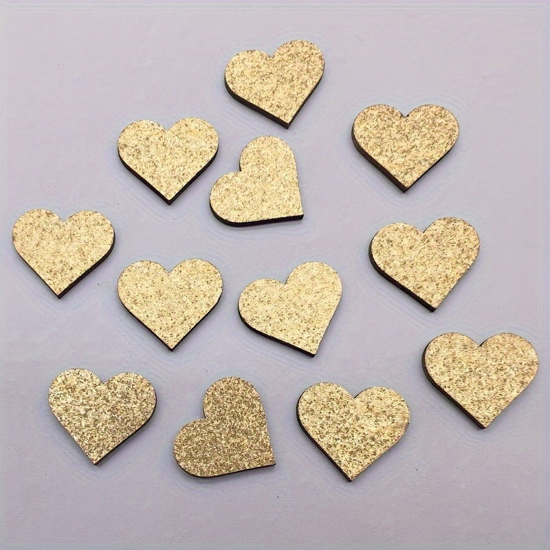 Wooden peach heart decoration with gold and silver glitter for wedding table.